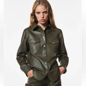 Zara olive green faux leather shirt jacket shacket XS